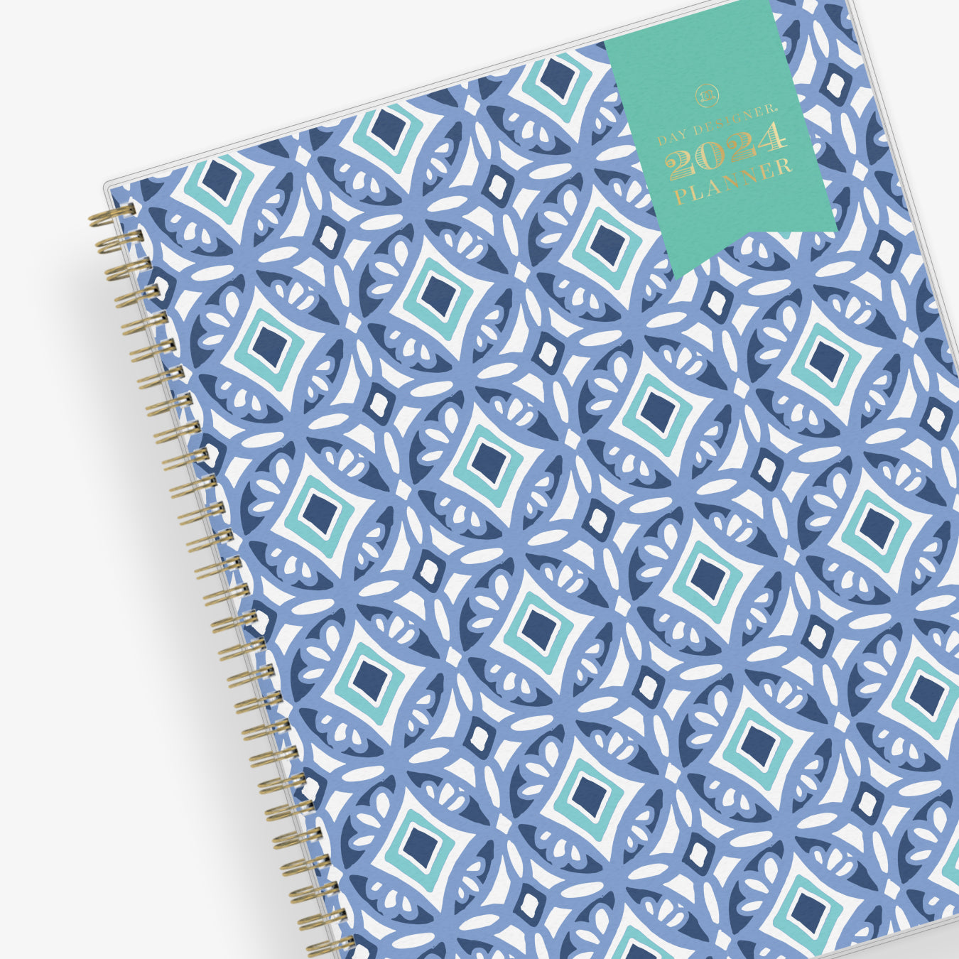 January 2024 - December 2024 weekly monthly planner featuring a geometric tile front cover design and silver gold wire-o binding 8.5x11 size