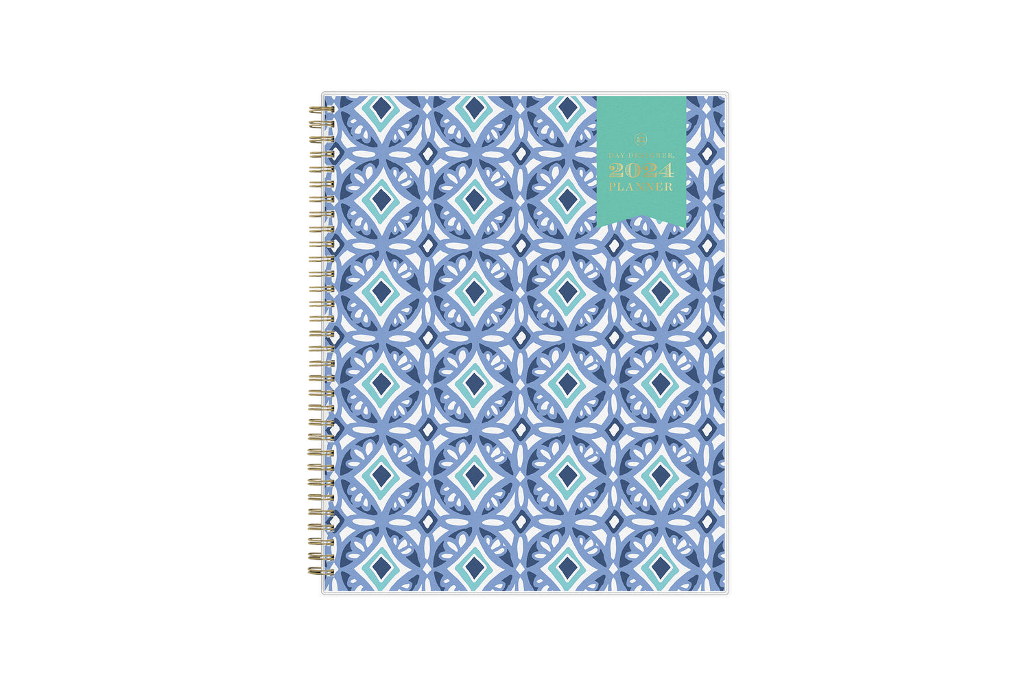 January 2024 - December 2024 weekly monthly planner featuring a geometric tile front cover design and silver gold wire-o binding 8.5x11 size