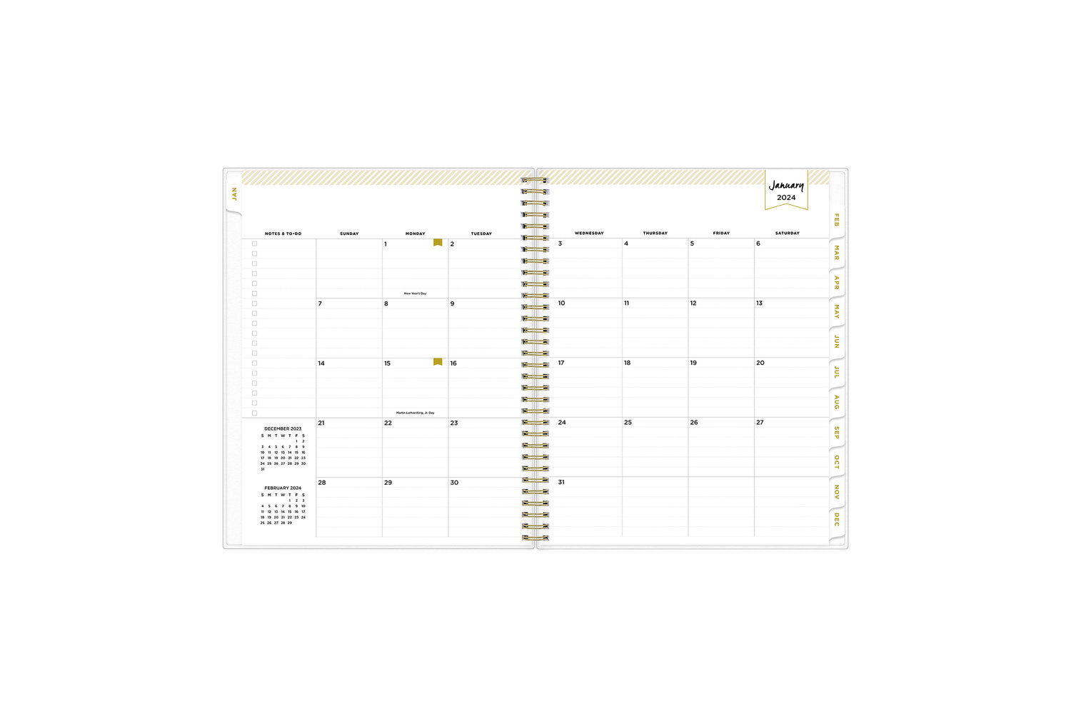 January 2024 - December 2024 weekly monthly planner featuring a monthly spread boxes for each day, lined writing space, notes section, reference calendars, and white monthly tabs in 8.5x11 size