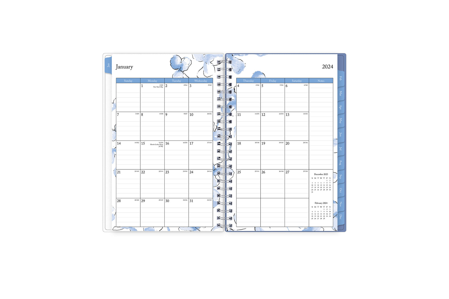 January 2024 - December 2024 weekly monthly planner featuring a monthly spread boxes for each day, lined writing space, notes section, reference calendars, and mint blue monthly tabs with white text in 5x8 size