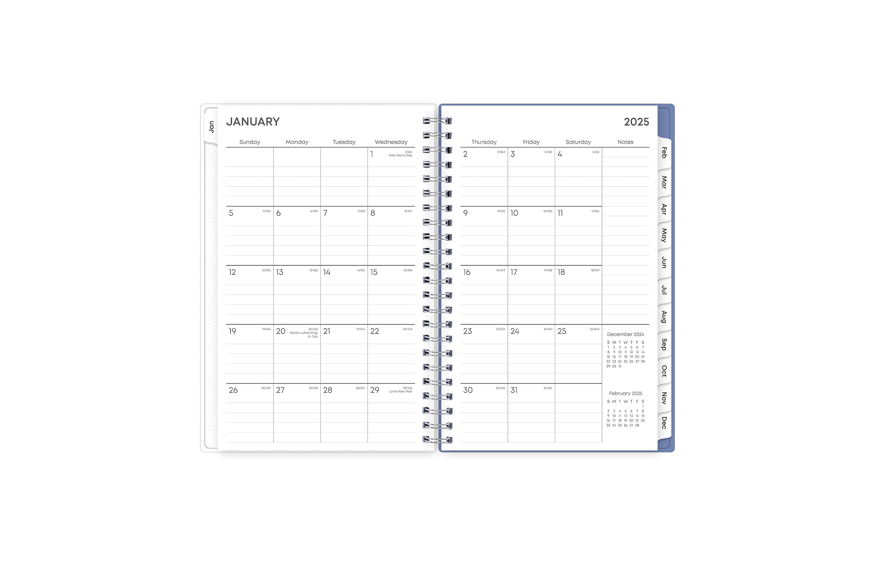January 2025 - December 2025 weekly monthly planner featuring a monthly spread boxes for each day, lined writing space, notes section, reference calendars, and mint blue monthly tabs with white text in 5x8 size