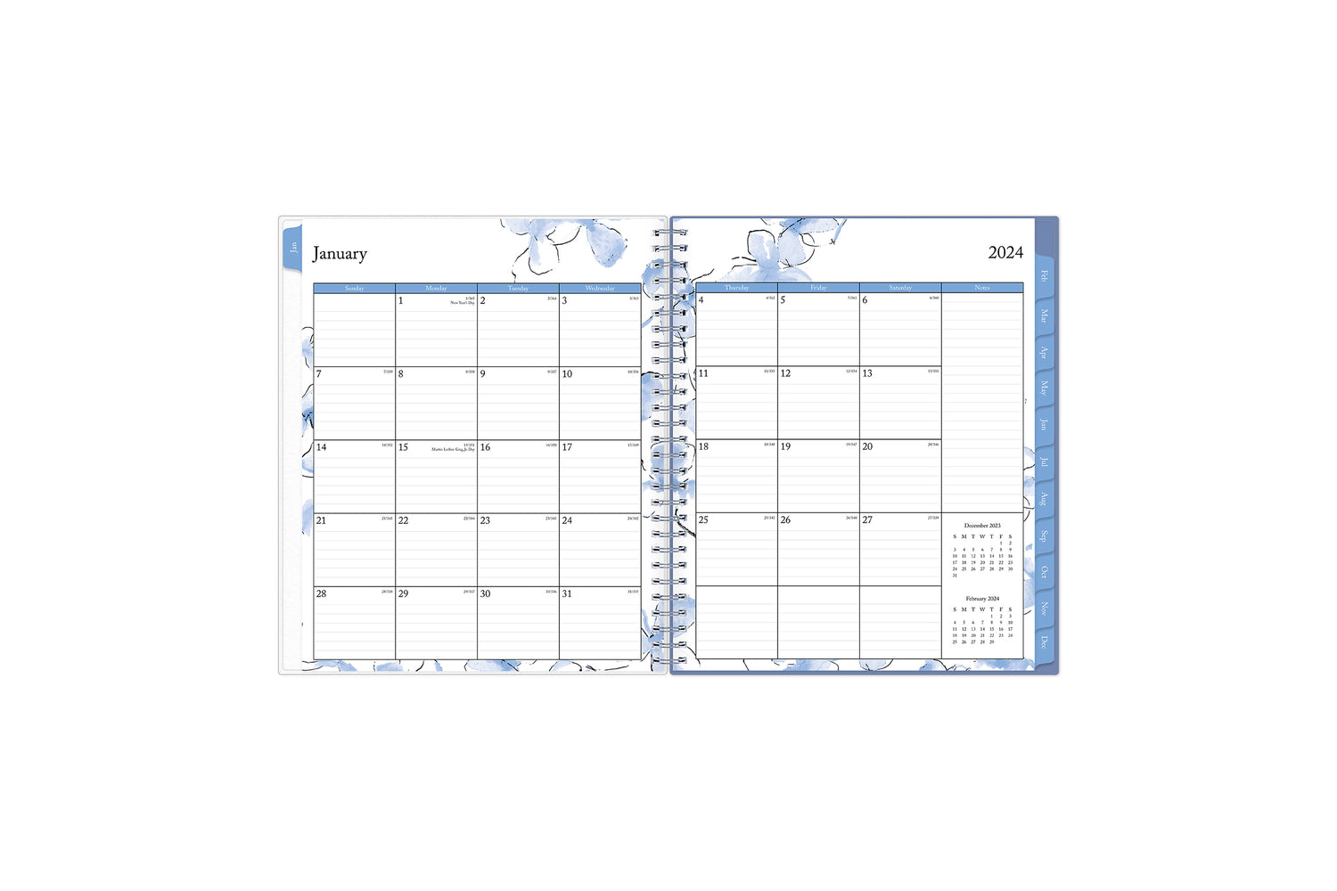 The January 2024 - December 2024 monthly spread features ample lined writing space for each day, lined notes section, reference months, and monthly to easily navigate throughout your planner
