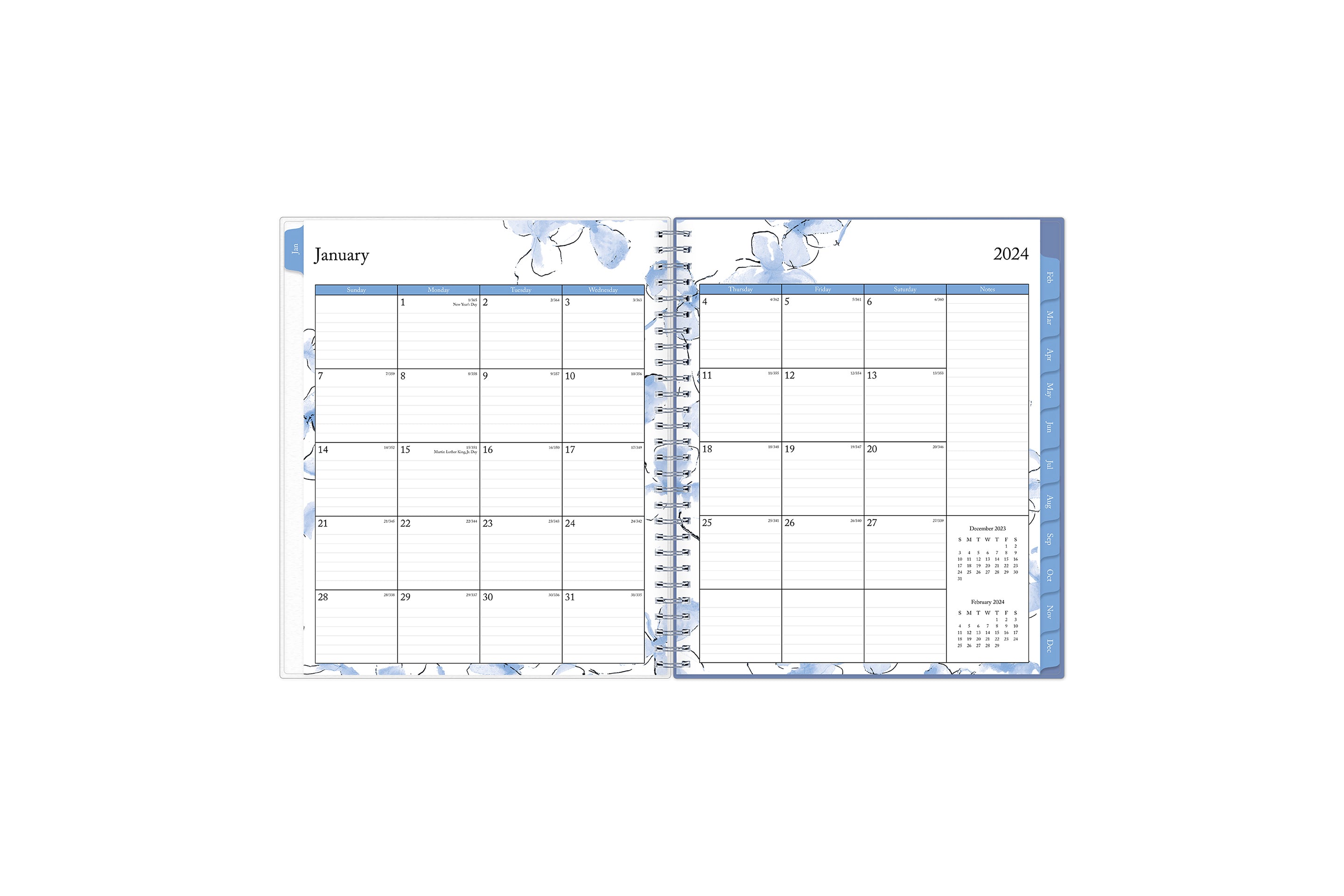 The January 2024 - December 2024 monthly spread features ample lined writing space for each day, lined notes section, reference months, and monthly to easily navigate throughout your planner