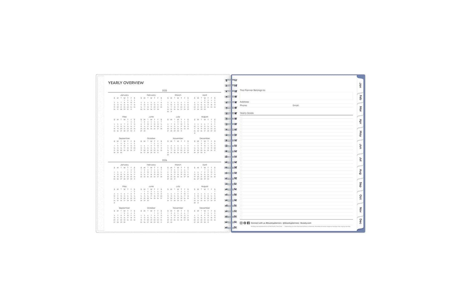 This 8x10 2025 monthly planner featuring a yearly overview for both 2025 and 2026, a yearly goals recap to review end of the year, and contact page.