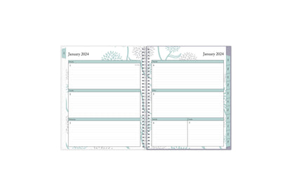 January 2024 - December 2024 weekly monthly planner featuring a weekly spread with lined writing space, notes section, reference calendars, and light purple monthly tabs in 8.5x11 size