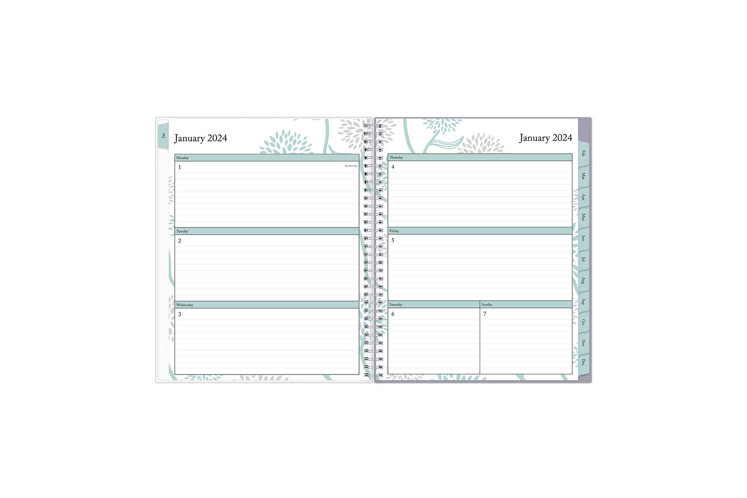 January 2024 - December 2024 weekly monthly planner featuring a weekly spread with lined writing space, notes section, reference calendars, and light purple monthly tabs in 8.5x11 size