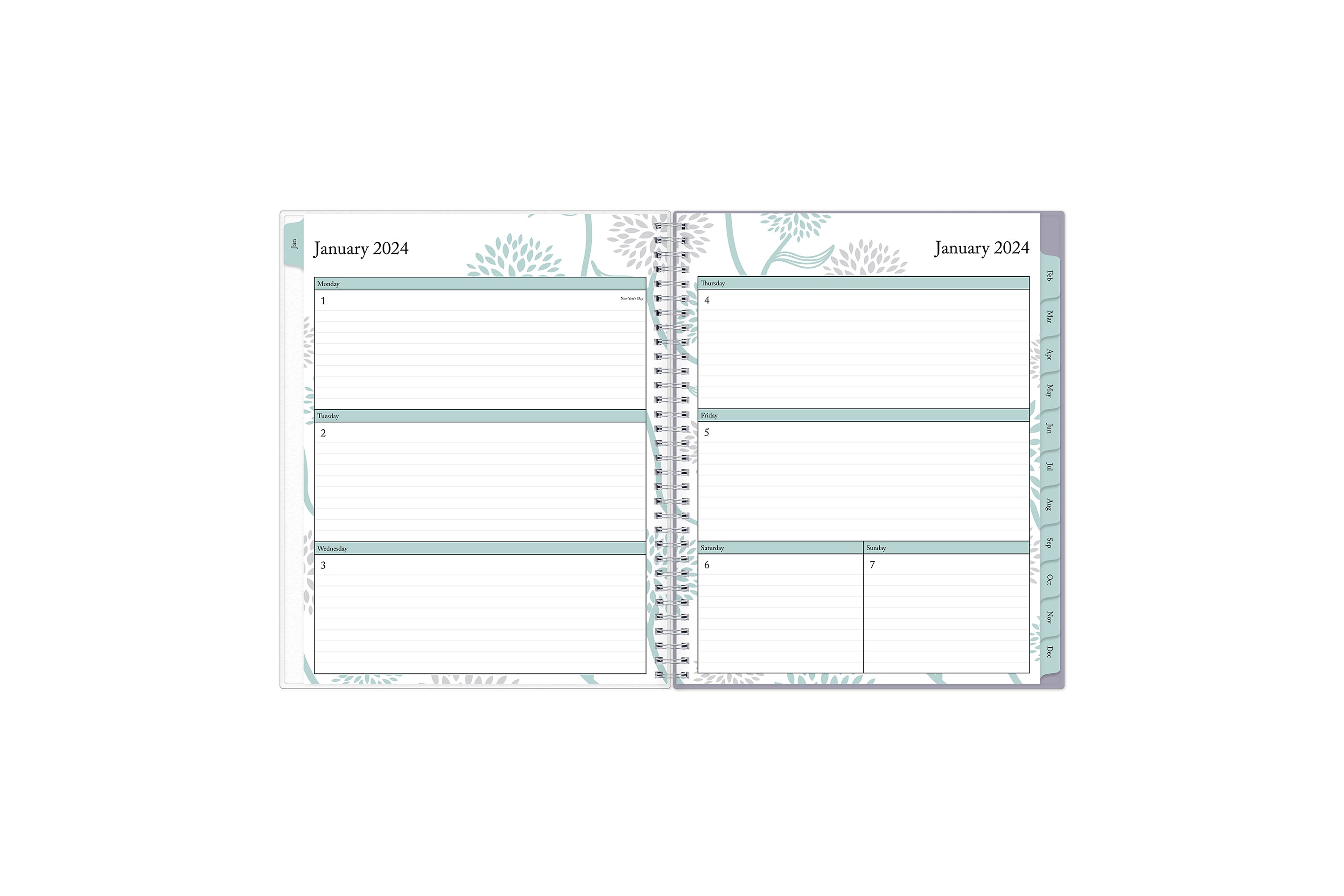 January 2024 - December 2024 weekly monthly planner featuring a weekly spread with lined writing space, notes section, reference calendars, and light purple monthly tabs in 8.5x11 size