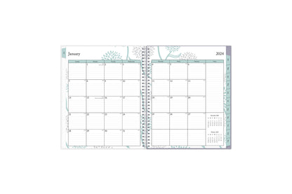 January 2024 - December 2024 weekly monthly planner featuring a monthly spread boxes for each day, lined writing space, notes section, reference calendars, and light purple monthly tabs in 8.5x11 size
