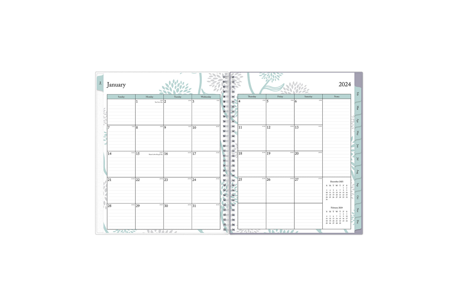 January 2024 - December 2024 weekly monthly planner featuring a monthly spread boxes for each day, lined writing space, notes section, reference calendars, and light purple monthly tabs in 8.5x11 size