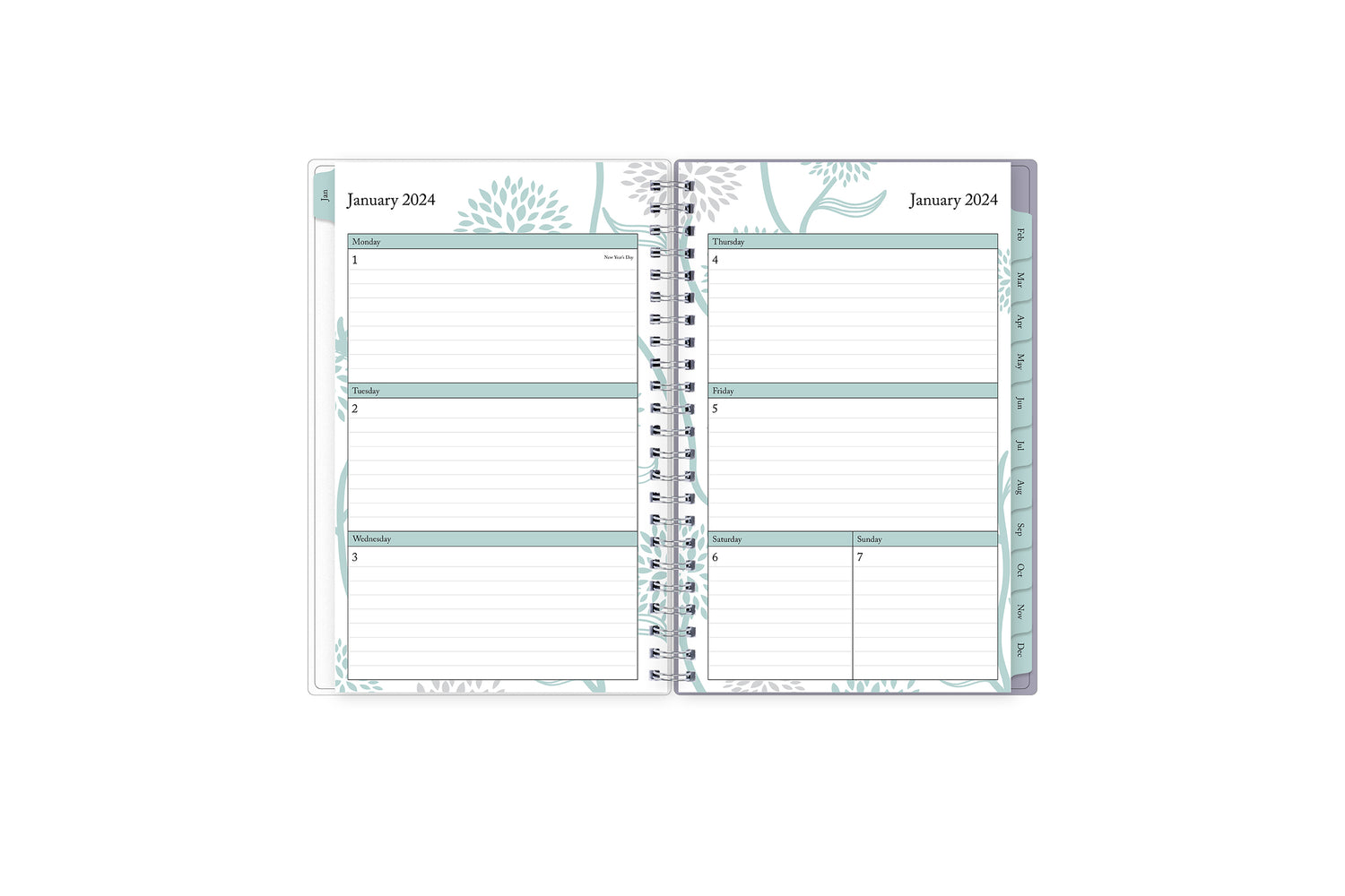 January 2024 - December 2024 weekly monthly planner featuring a weekly spread with lined writing space, notes section, reference calendars, and light purple monthly tabs in 5x8 size