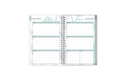 January 2024 - December 2024 weekly monthly planner featuring a weekly spread with lined writing space, notes section, reference calendars, and light purple monthly tabs in 5x8 size