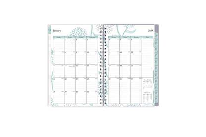 January 2024 - December 2024 weekly monthly planner featuring a monthly spread boxes for each day, lined writing space, notes section, reference calendars, and light purple monthly tabs in 5x8 size
