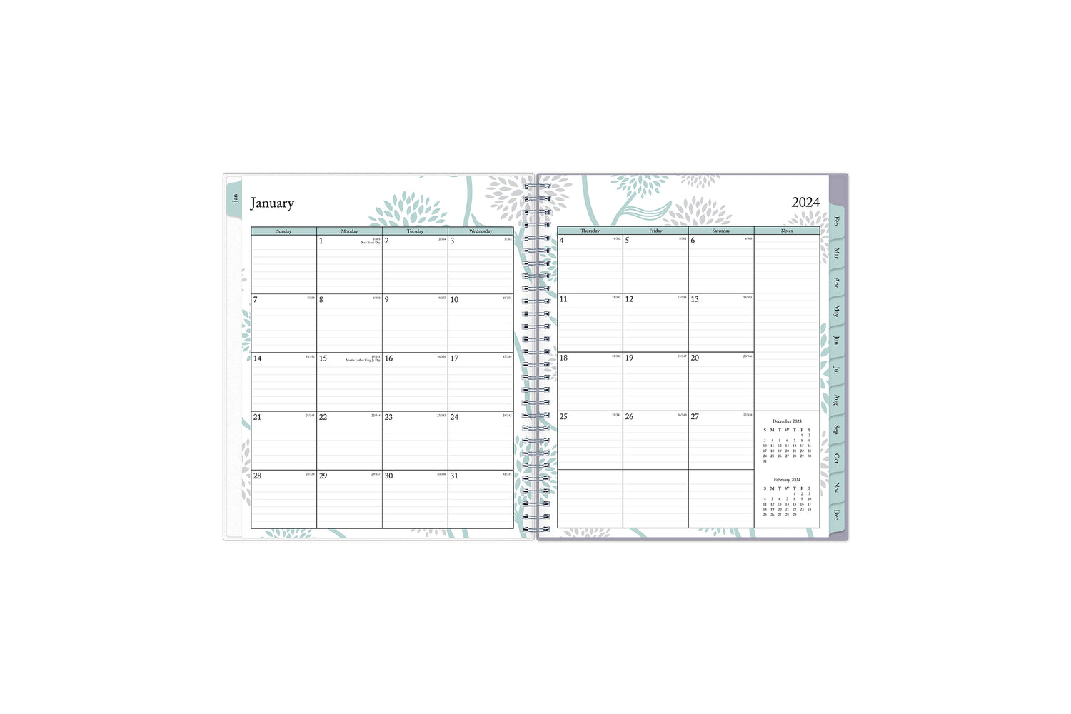 2024 monthly planner featuring a monthly spread with boxed dates, lined writing space, reference calendar, notes section, and light blue monthly tabs