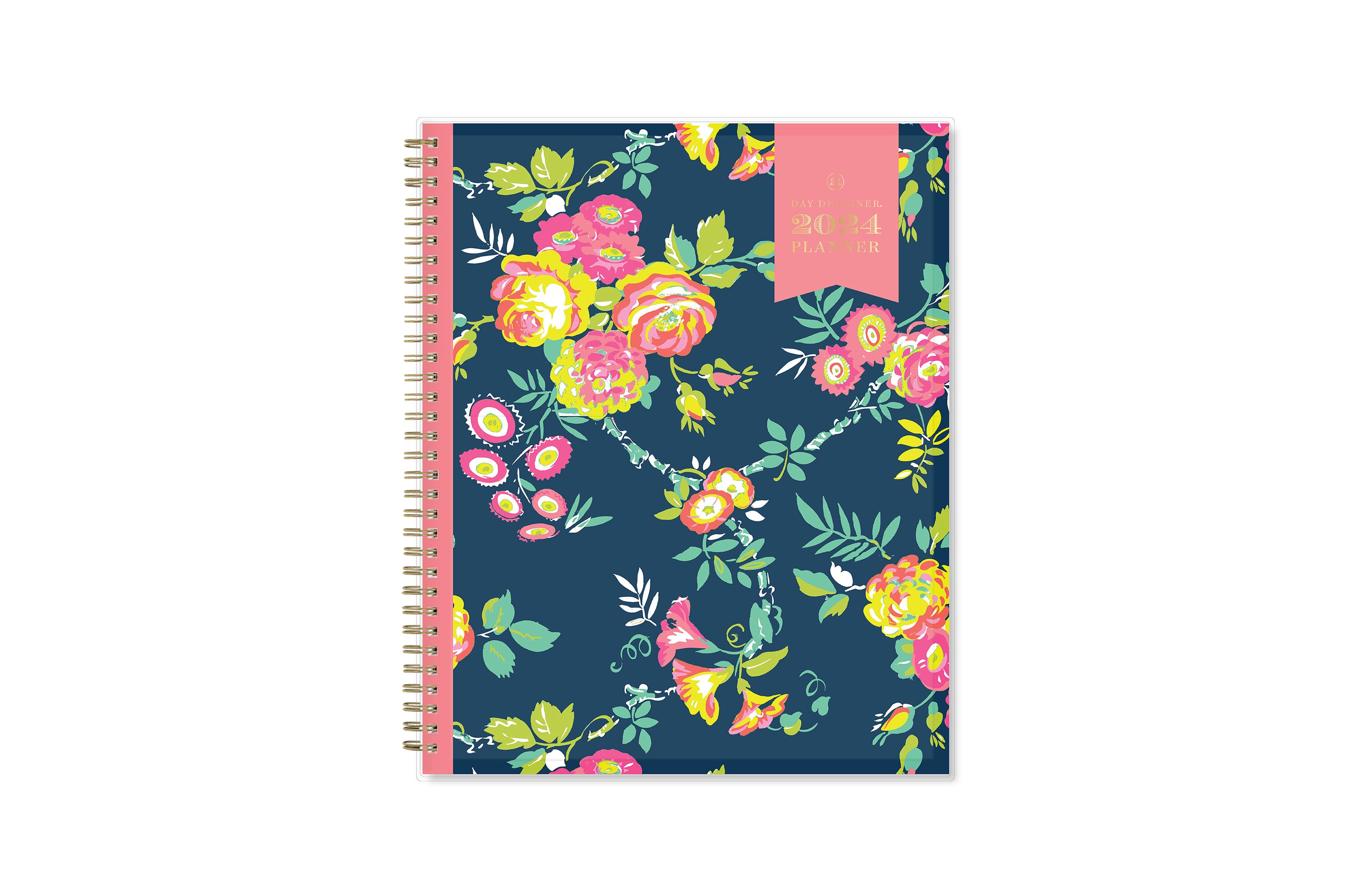 January 2024 - December 2024 weekly monthly planner in 8.5x11 size from day designer for blue sky with navy background and floral design, and gold twin wire-o binding