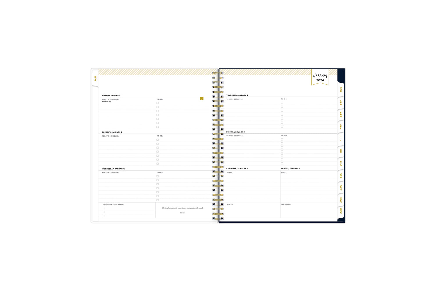 January 2024 weekly monthly planner featuring a weekly view, lined writing space, to do lists, priorities, and white colored monthly tabs on a 8.5x11 planner