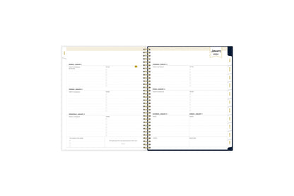 January 2024 weekly monthly planner featuring a weekly view, lined writing space, to do lists, priorities, and white colored monthly tabs on a 8.5x11 planner