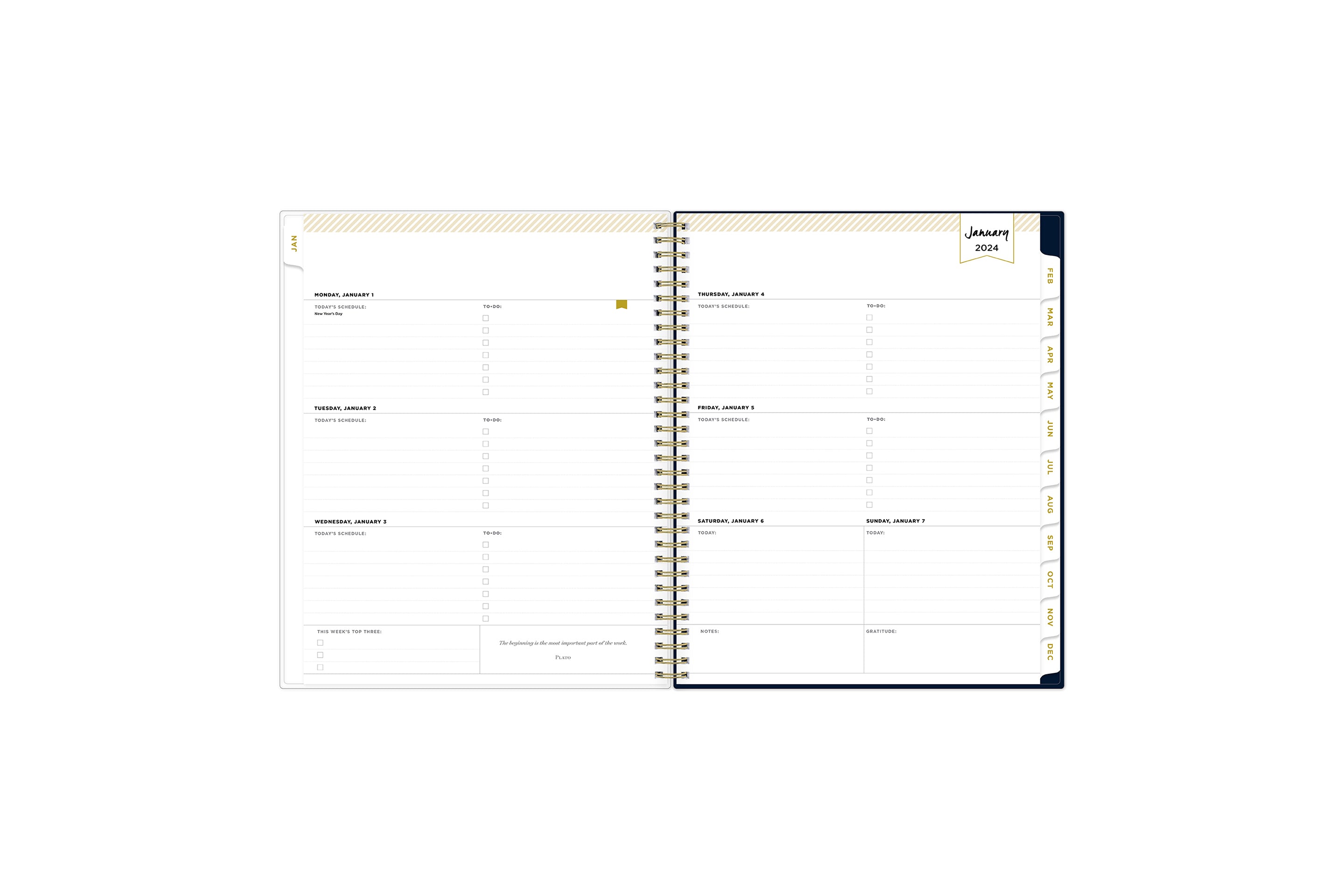 January 2024 weekly monthly planner featuring a weekly view, lined writing space, to do lists, priorities, and white colored monthly tabs on a 8.5x11 planner