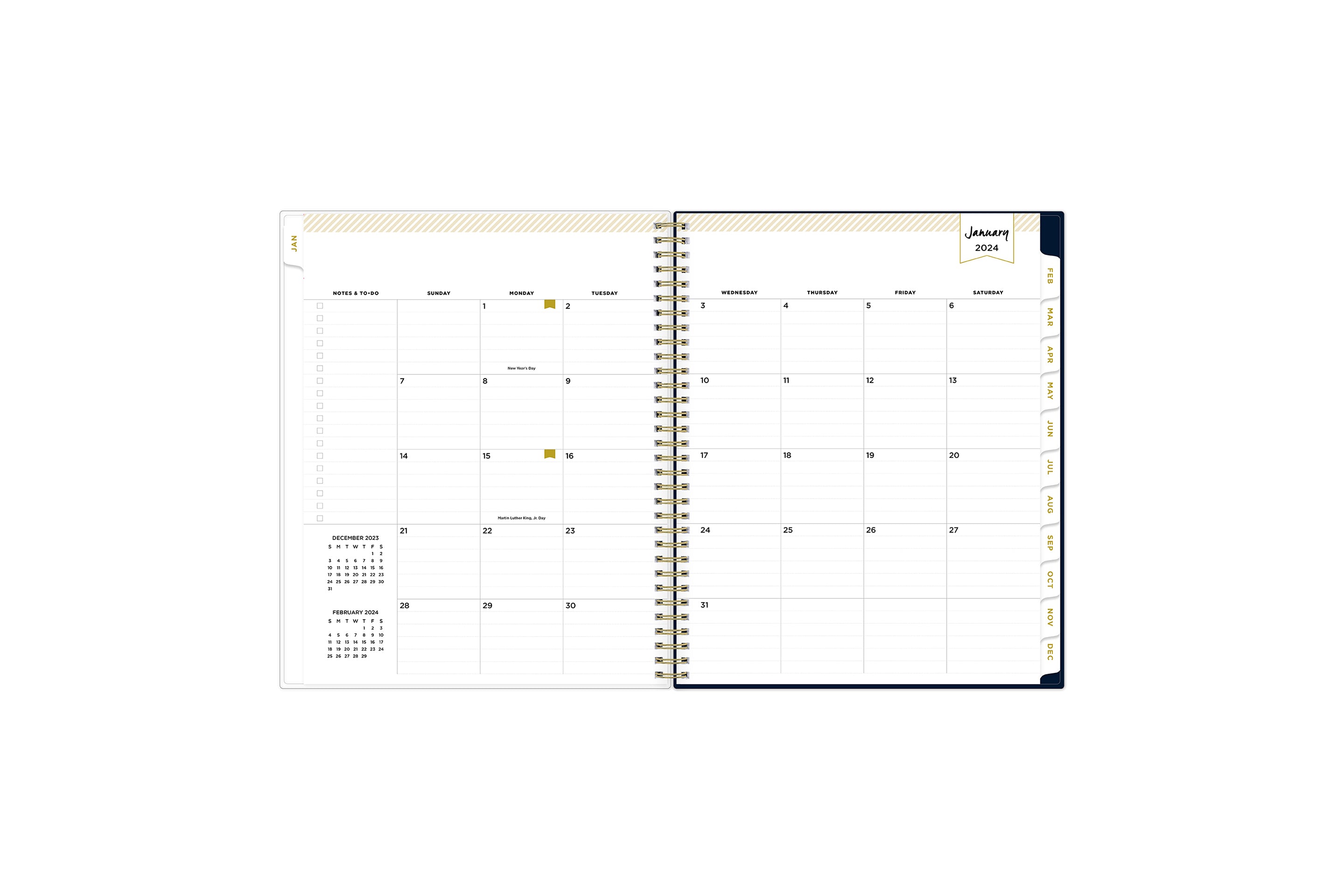 January 2024 monthly overview with to do lists, notes section, square boxes with lined writing space for dates, and white colored monthly tabs