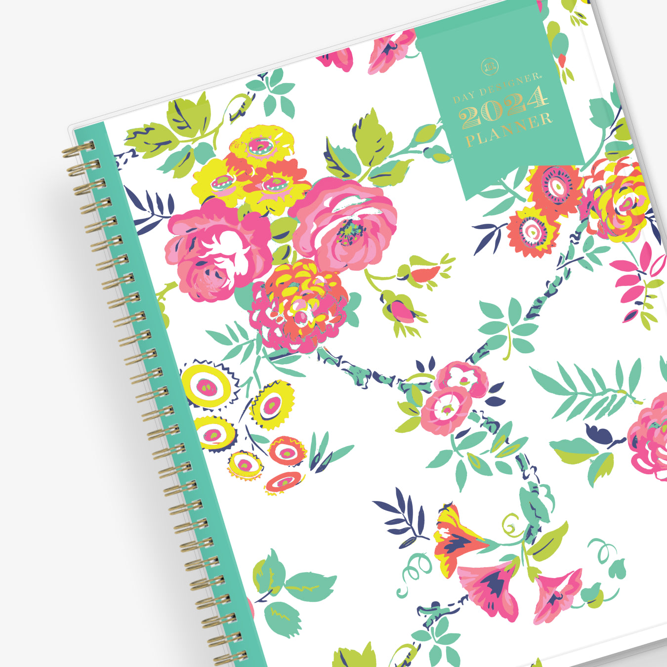 This January 2024 to December 2024 weekly monthly 5x8 planner featuring yellow and pink floral front cover pattern and gold twin wire-o binding
