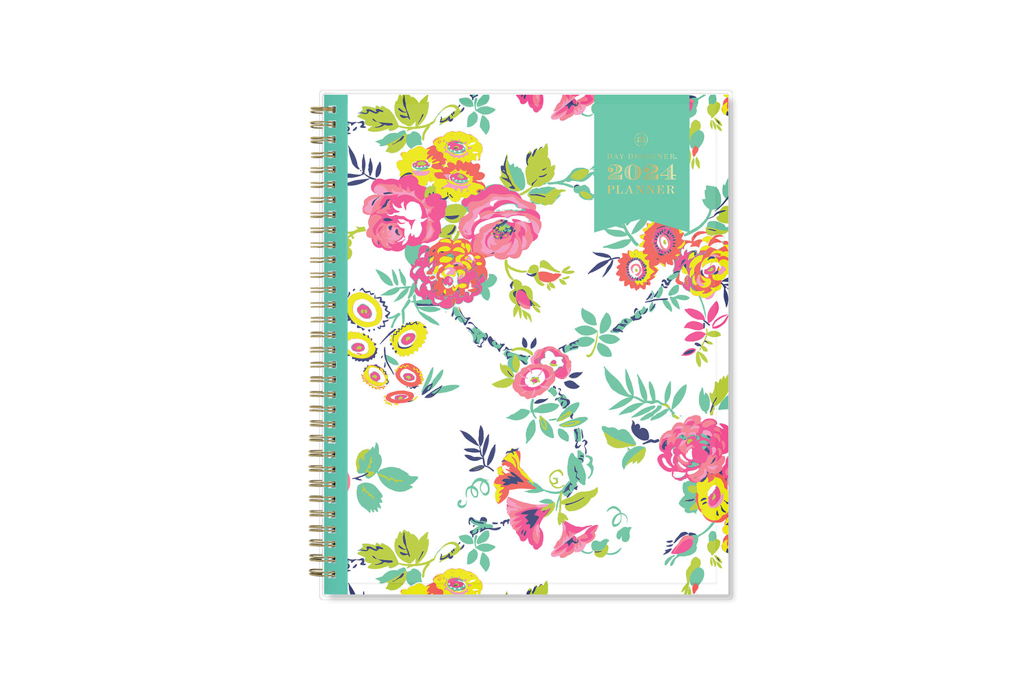 This January 2024 to December 2024  weekly monthly 5x8 planner featuring yellow and pink floral front cover pattern and gold twin wire-o binding