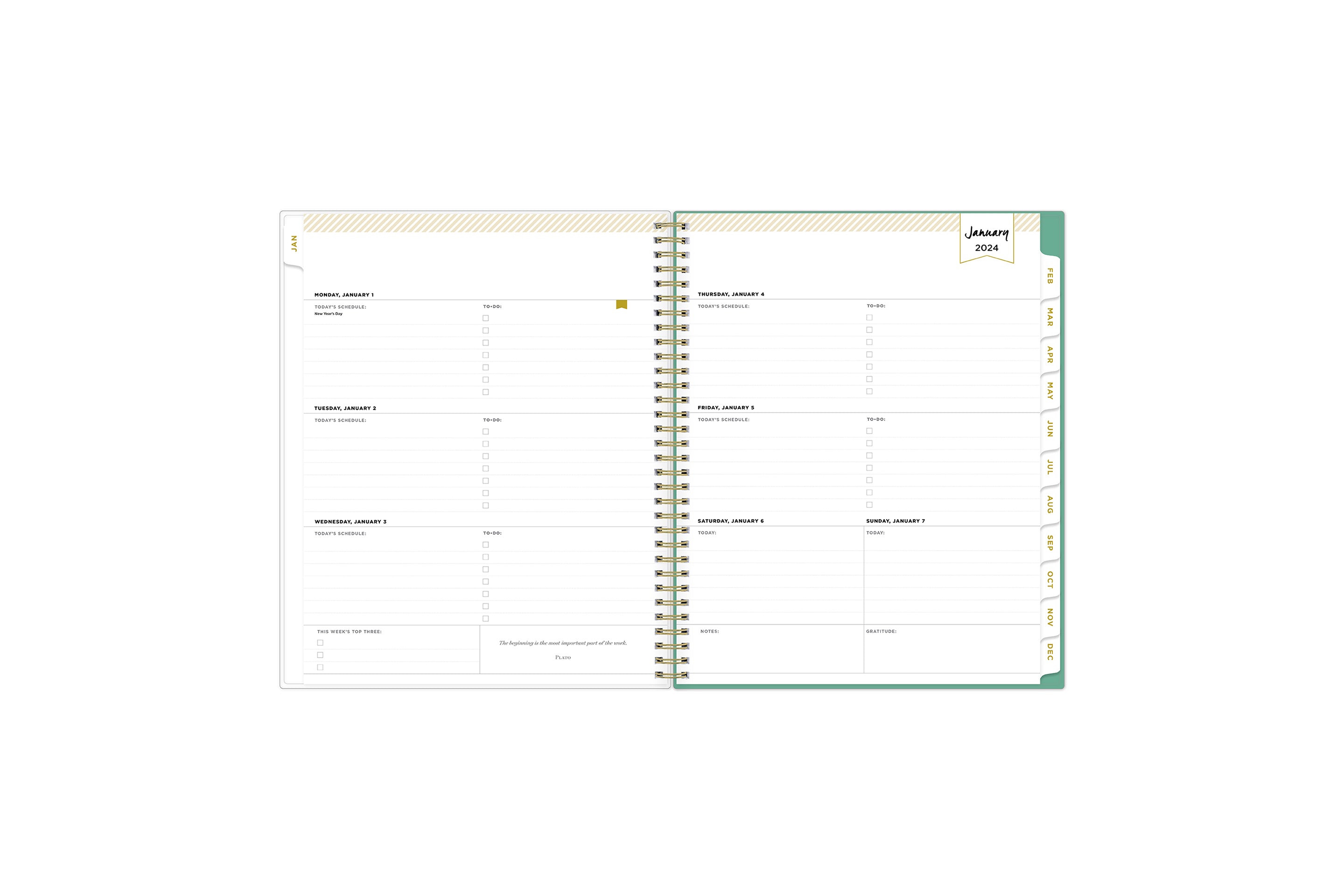January 2024 weekly overview with to do lists, notes section, square boxes with lined writing space for dates, and whitecolored monthly tabs