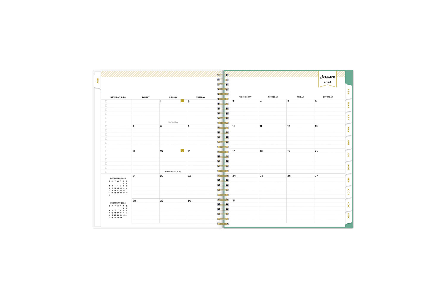 January 2024 monthly overview with to do lists, notes section, square boxes with lined writing space for dates, and whitecolored monthly tabs