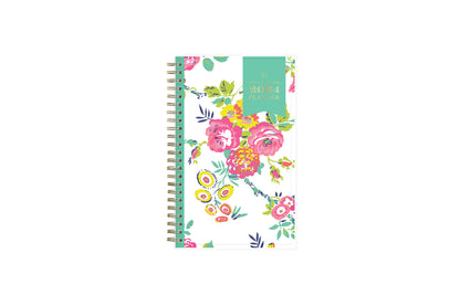 This January 2024 to December 2024  weekly monthly 5x8 planner featuring yellow and pink floral front cover pattern and gold twin wire-o binding