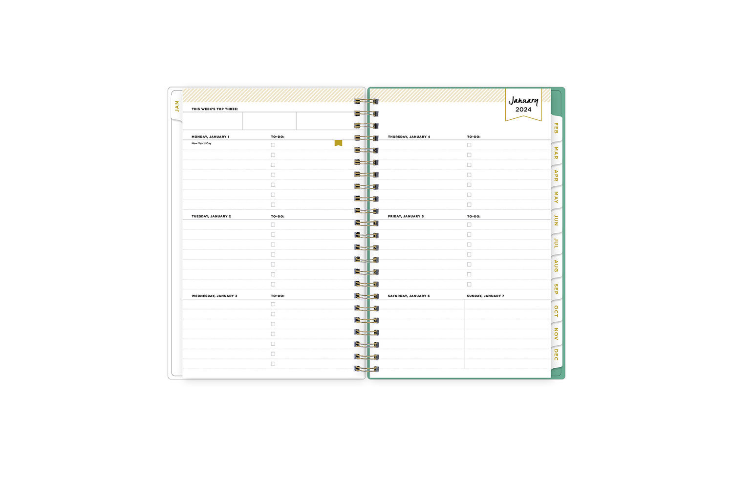 January 2024 weekly overview with to do lists, notes section, square boxes with lined writing space for dates, and white colored monthly tabs