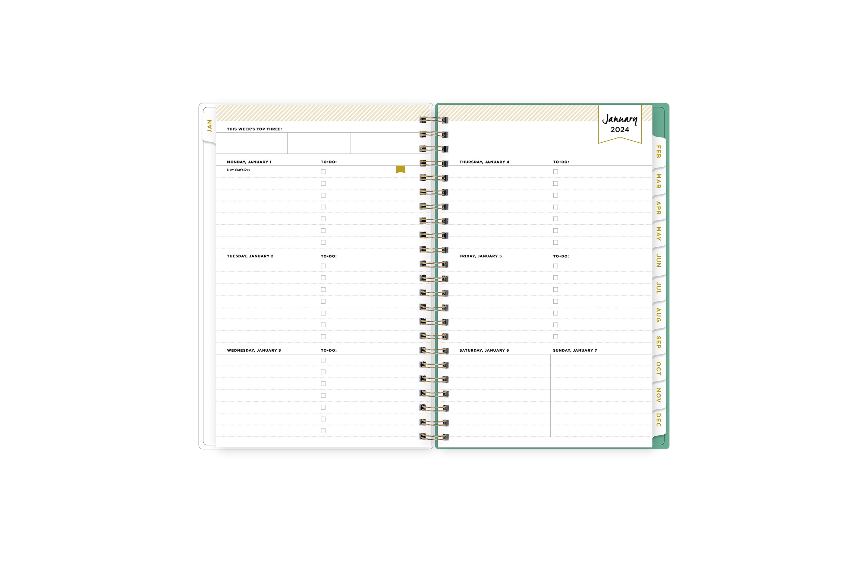 January 2024 weekly overview with to do lists, notes section, square boxes with lined writing space for dates, and white colored monthly tabs