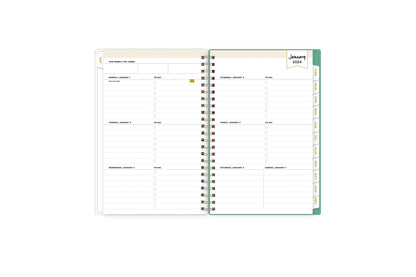 January 2024 weekly overview with to do lists, notes section, square boxes with lined writing space for dates, and white colored monthly tabs
