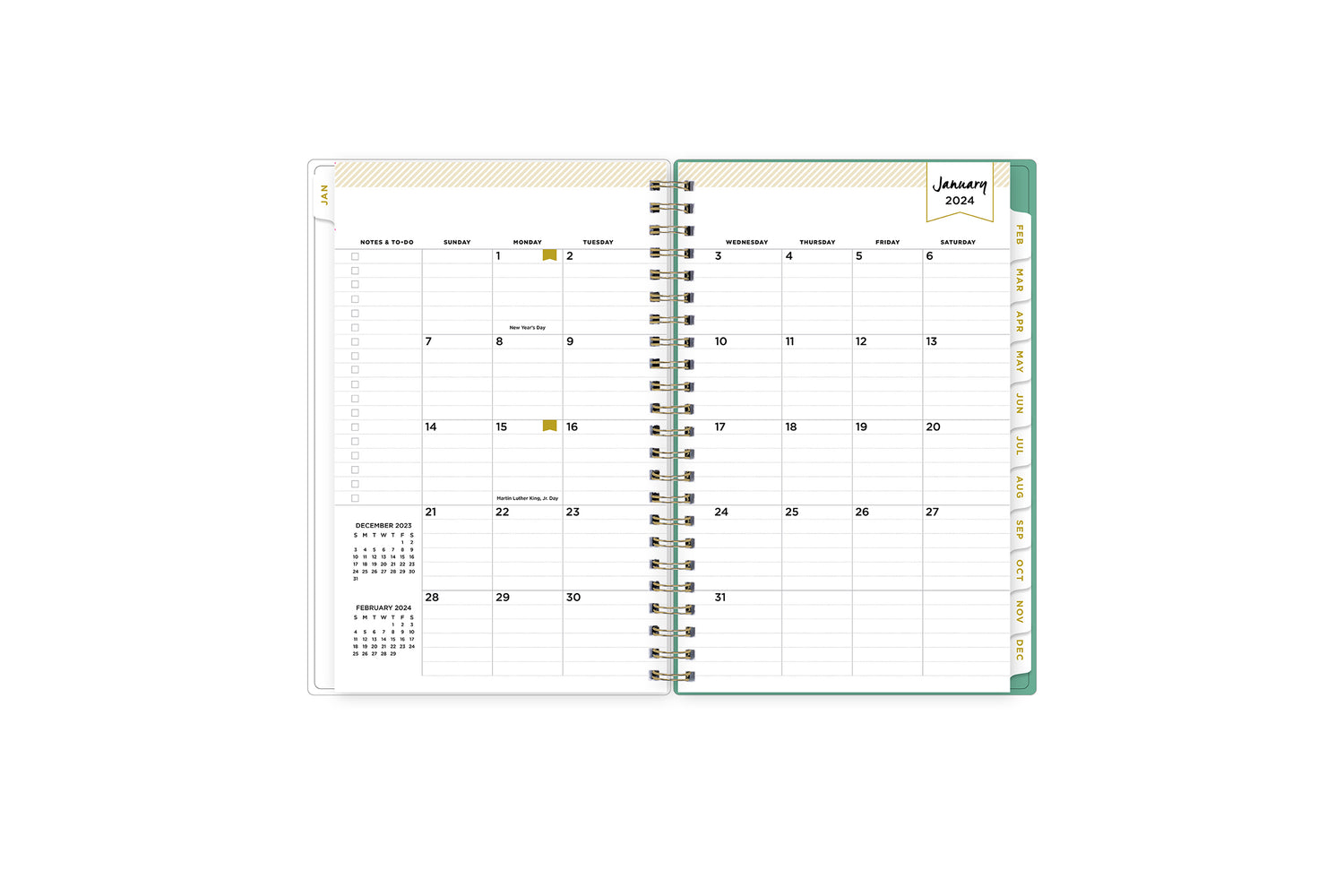 January 2024 monthly overview with to do lists, notes section, square boxes with lined writing space for dates, and white colored monthly tabs
