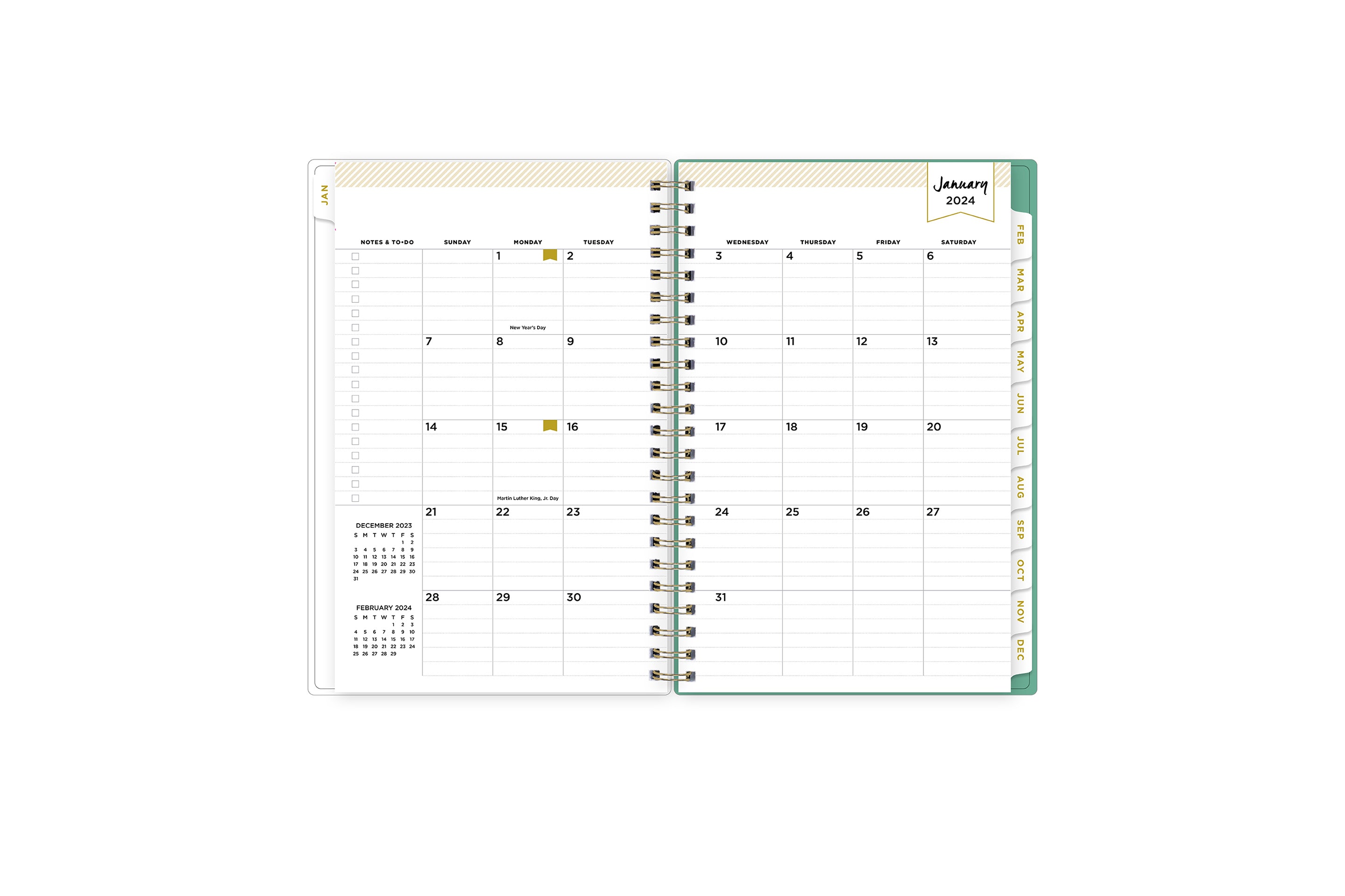 January 2024 monthly overview with to do lists, notes section, square boxes with lined writing space for dates, and white colored monthly tabs