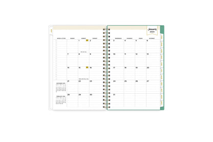 January 2024 monthly overview with to do lists, notes section, square boxes with lined writing space for dates, and white colored monthly tabs