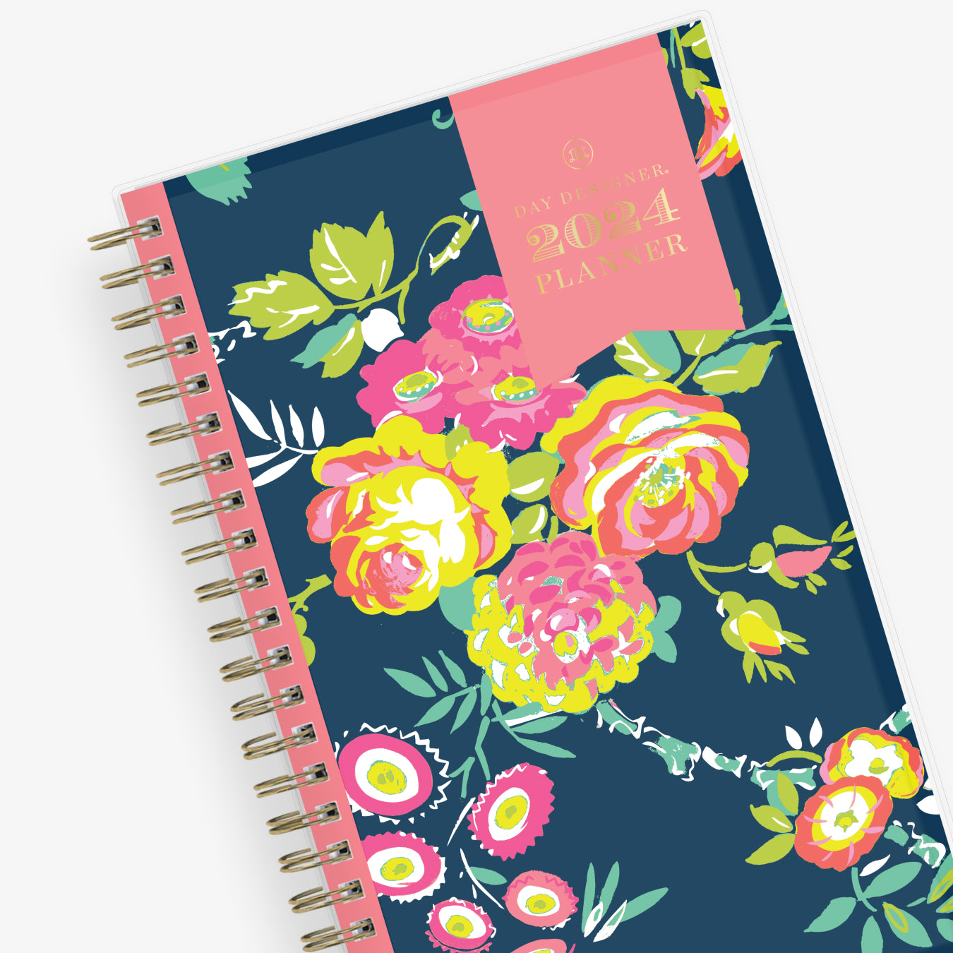 January 2024 - December 2024 weekly monthly planner in 5x8 size from day designer for blue sky with navy background and floral design, and gold twin wire-o binding