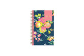 January 2024 - December 2024 weekly monthly planner in 5x8 size from day designer for blue sky with navy background and floral design, and gold twin wire-o binding