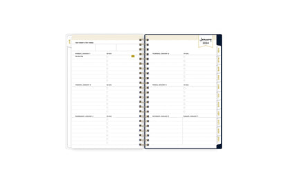 January 2024 weekly monthly planner featuring a weekly view, lined writing space, to do lists, priorities, and white colored monthly tabs on a 5x8 planner