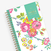 This January 2024 to December 2024 weekly monthly 5x8 planner featuring yellow and pink floral front cover pattern and gold twin wire-o binding