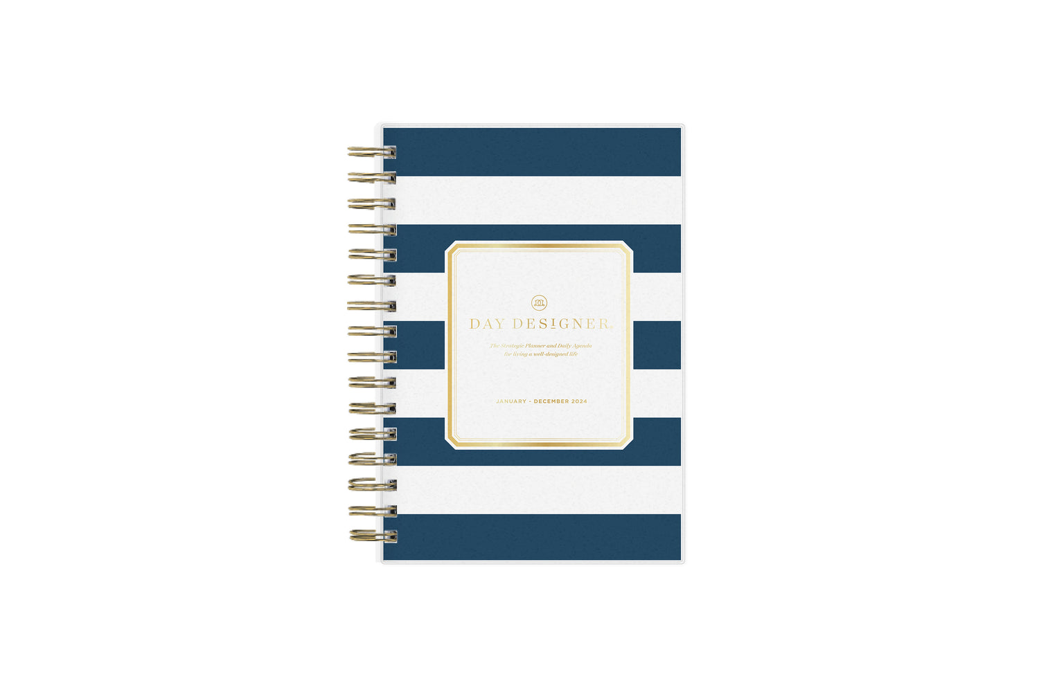 2024 daily monthly from day designer for blue sky featuring a hardcover, navy blue and white stripe design, gold twin wire-o binding in a compact 5x8 planner size.