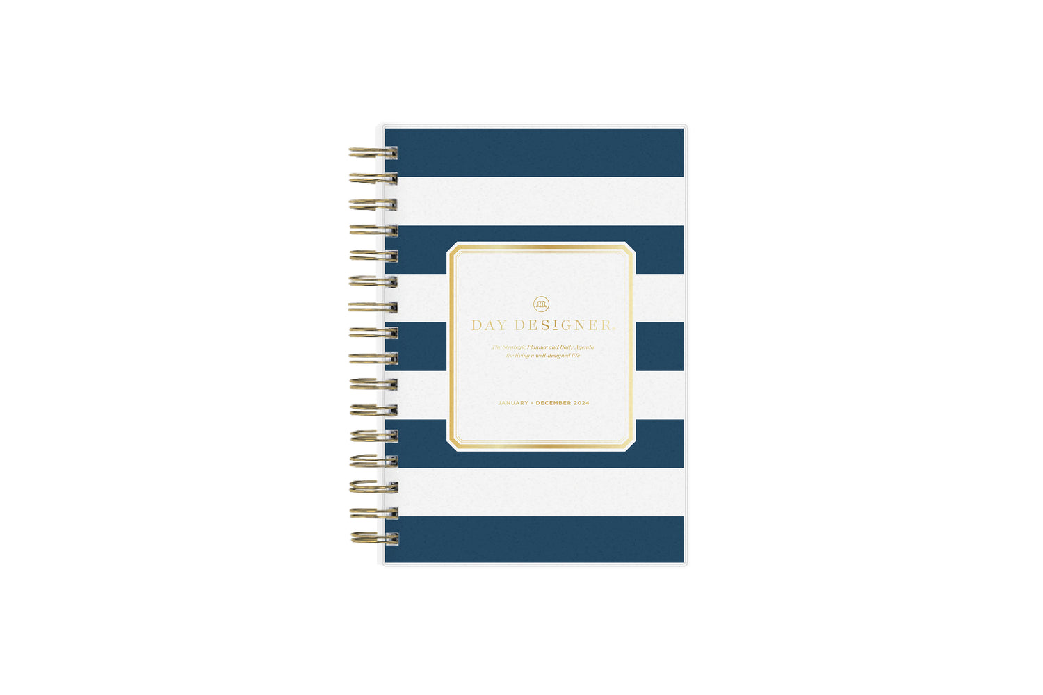 2024 daily monthly from day designer for blue sky featuring a hardcover, navy blue and white stripe design, gold twin wire-o binding in a compact 5x8 planner size.