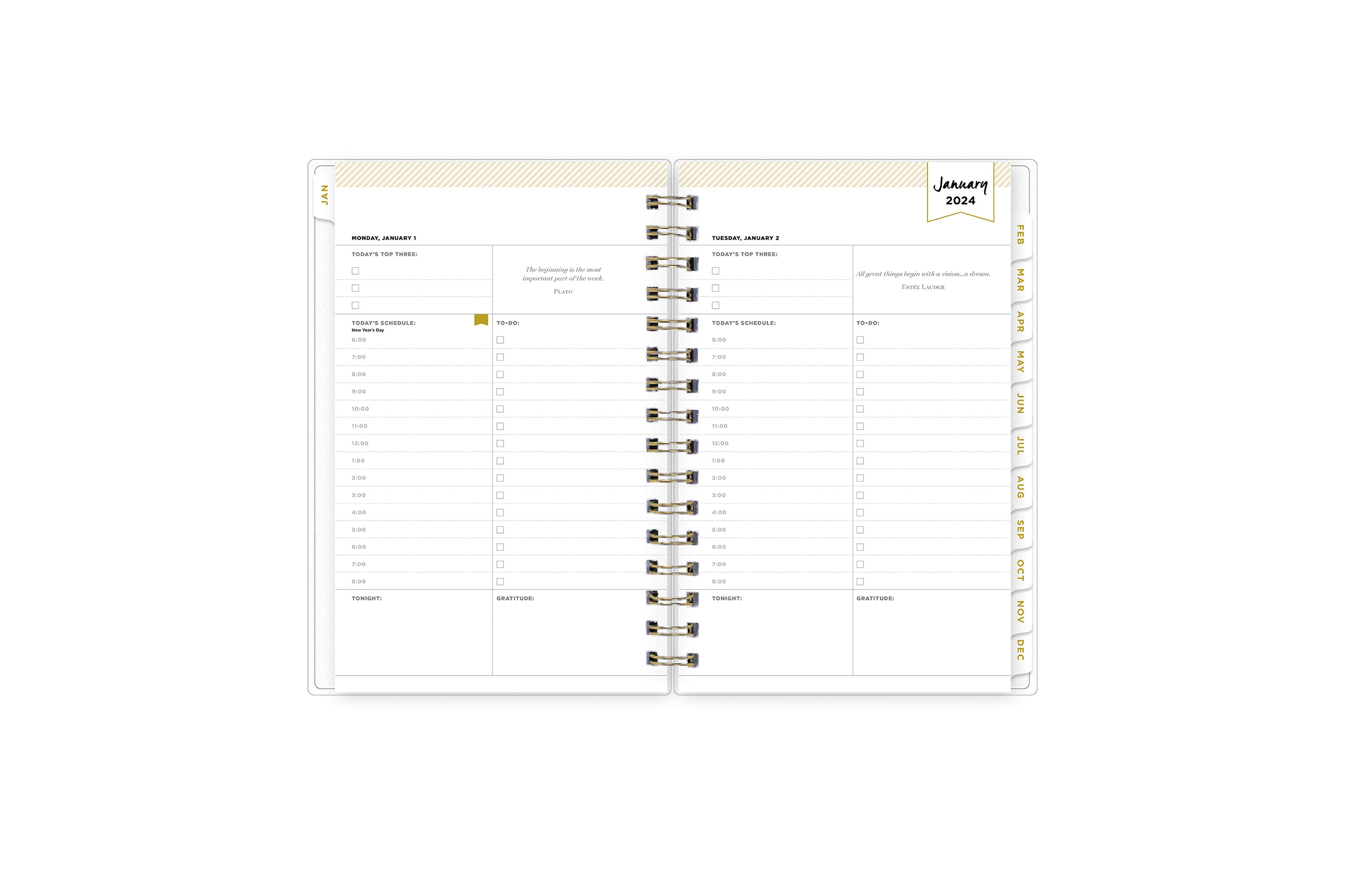 January 2024 - December 2024 daily monthly planner featuring a monthly spread with lined writing space, notes and to-do list, white monthly tabs with gold printed text, and monthly reference calendars all in a 5x8 planner size