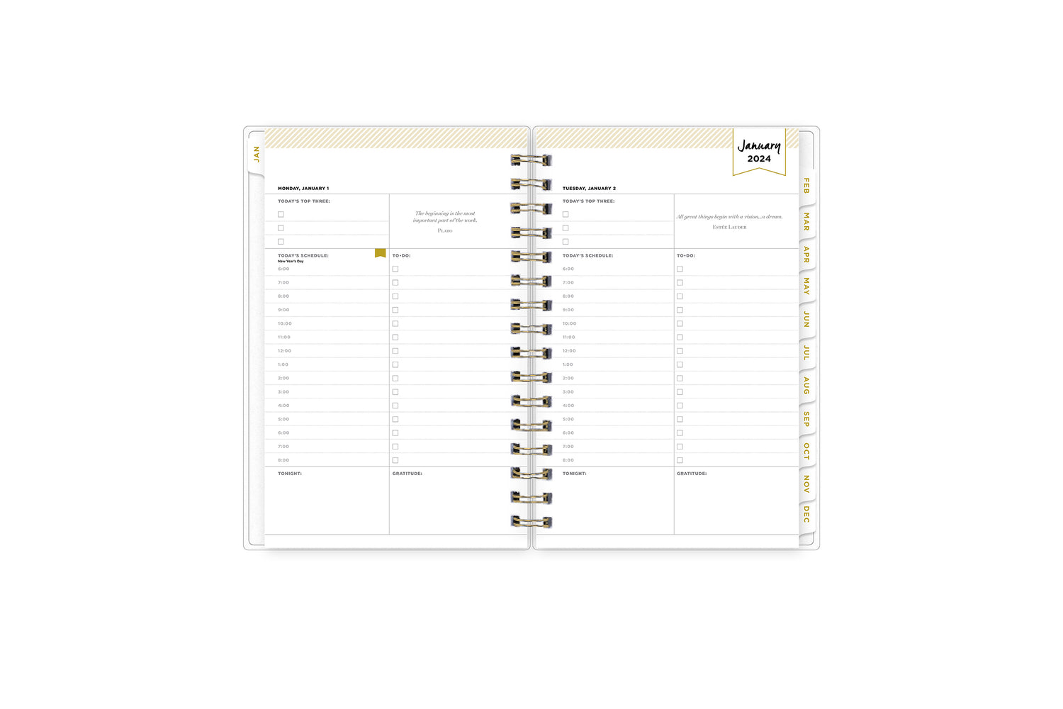 January 2024 - December 2024 daily monthly planner featuring a monthly spread with lined writing space, notes and to-do list, white monthly tabs with gold printed text, and monthly reference calendars all in a 5x8 planner size