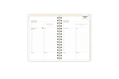 January 2024 - December 2024 daily monthly planner featuring a monthly spread with lined writing space, notes and to-do list, white monthly tabs with gold printed text, and monthly reference calendars all in a 5x8 planner size