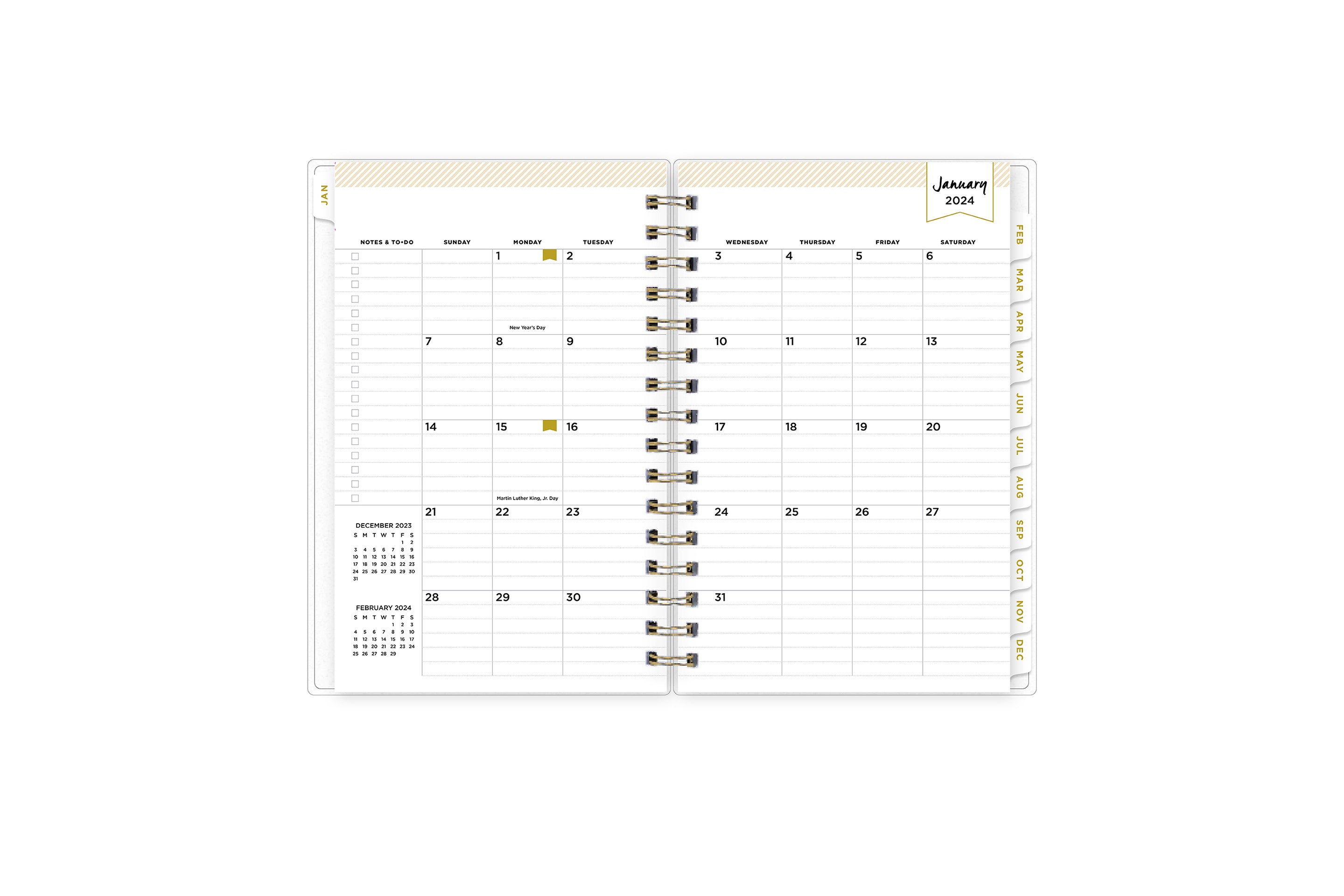 January 2024 - December 2024 daily monthly planner featuring a daily spread with lined writing space, notes and to-do list, one hour increments, and ample planning sections in a compact 5x8 size