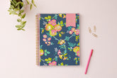 January 2024 - December 2024 weekly monthly planner in 8.5x11 size from day designer for blue sky with navy background and floral design, and gold twin wire-o binding