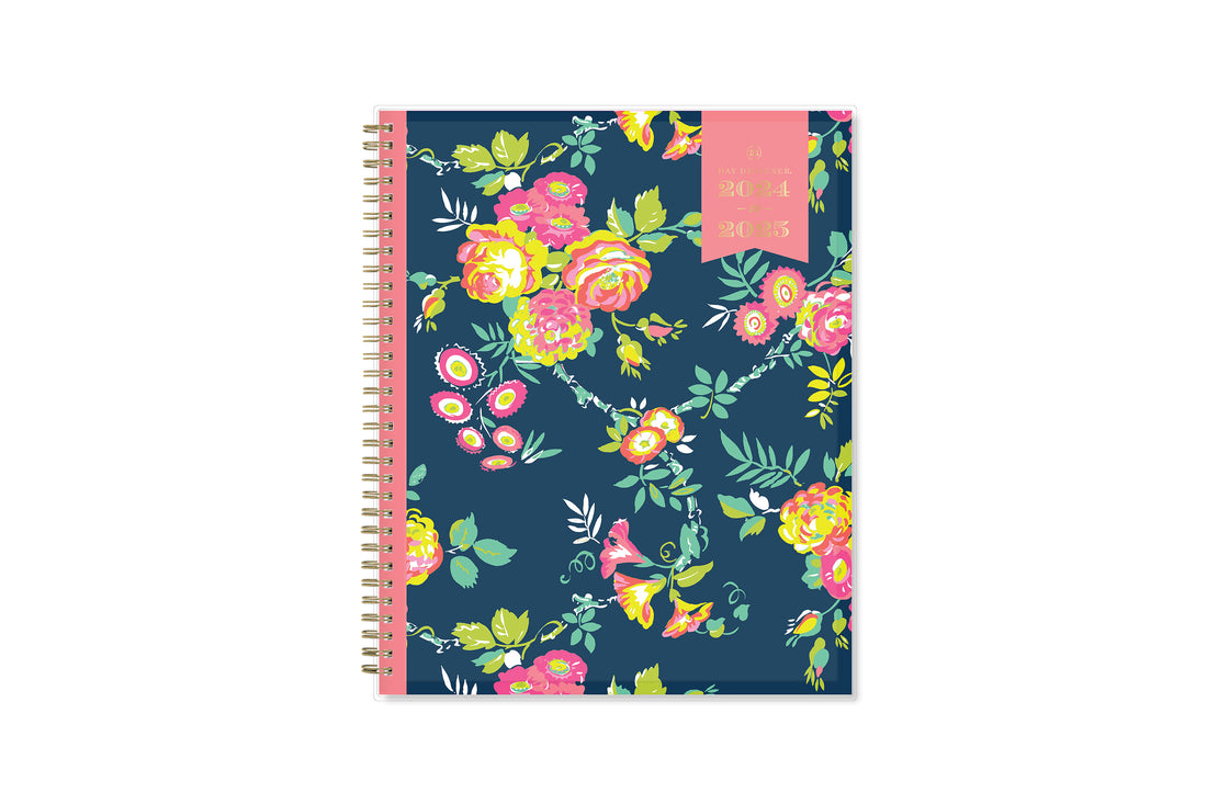 weekly monthly academic planner from Day Designer for Blue Sky featuring a navy background and floral front cover 8.5x11