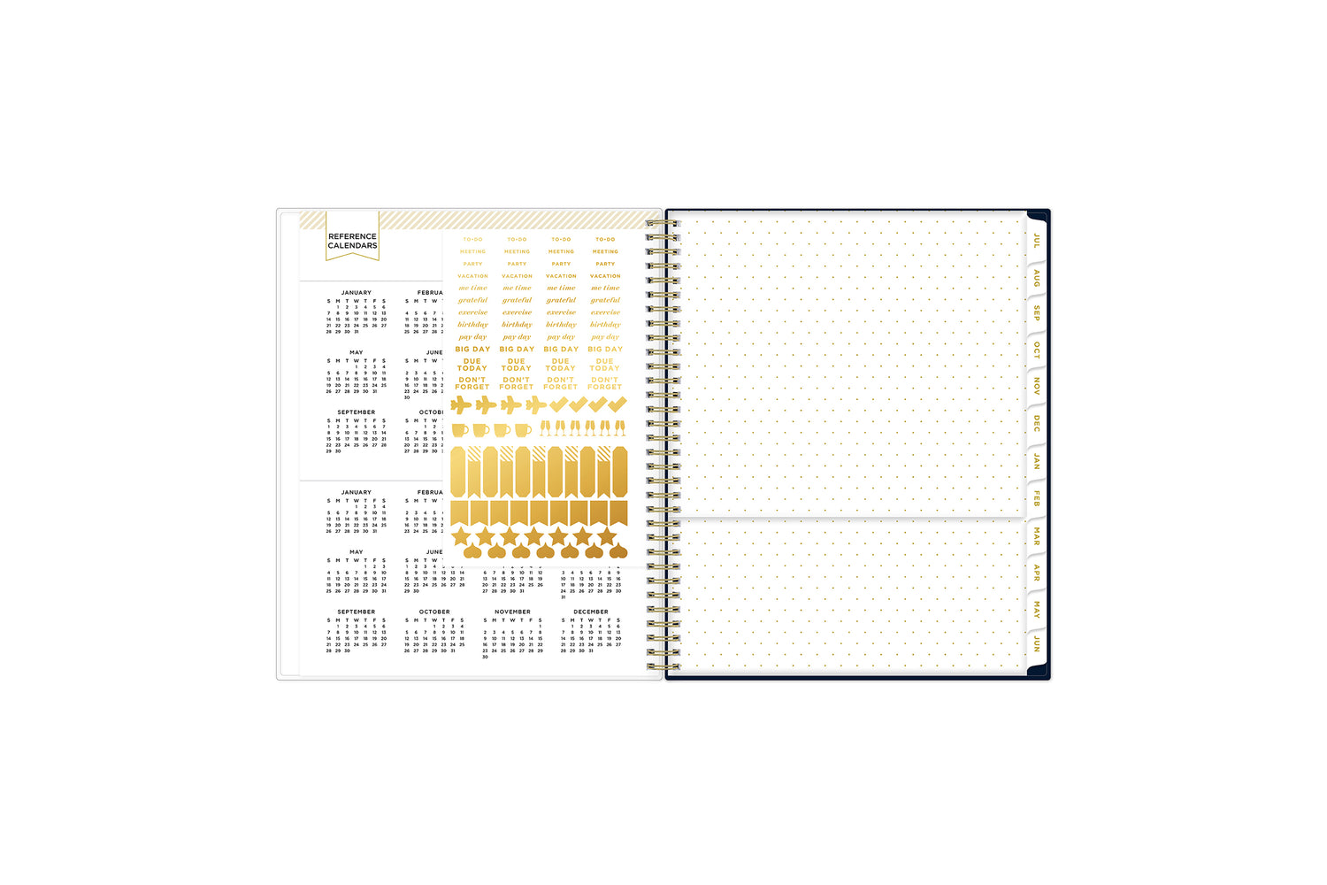 gold sticker sheet, reference calendar and paper pocket
