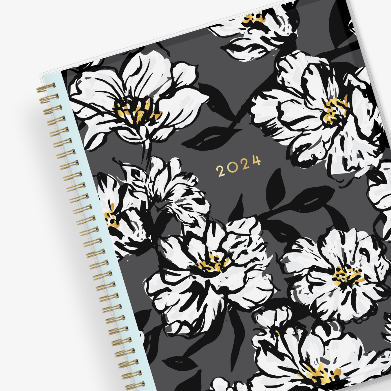 8.5x11 weekly monthly planner for January 2024 - December 2024 new year featuring silver twin wire-o binding, black/gray background, white florals and gold accents