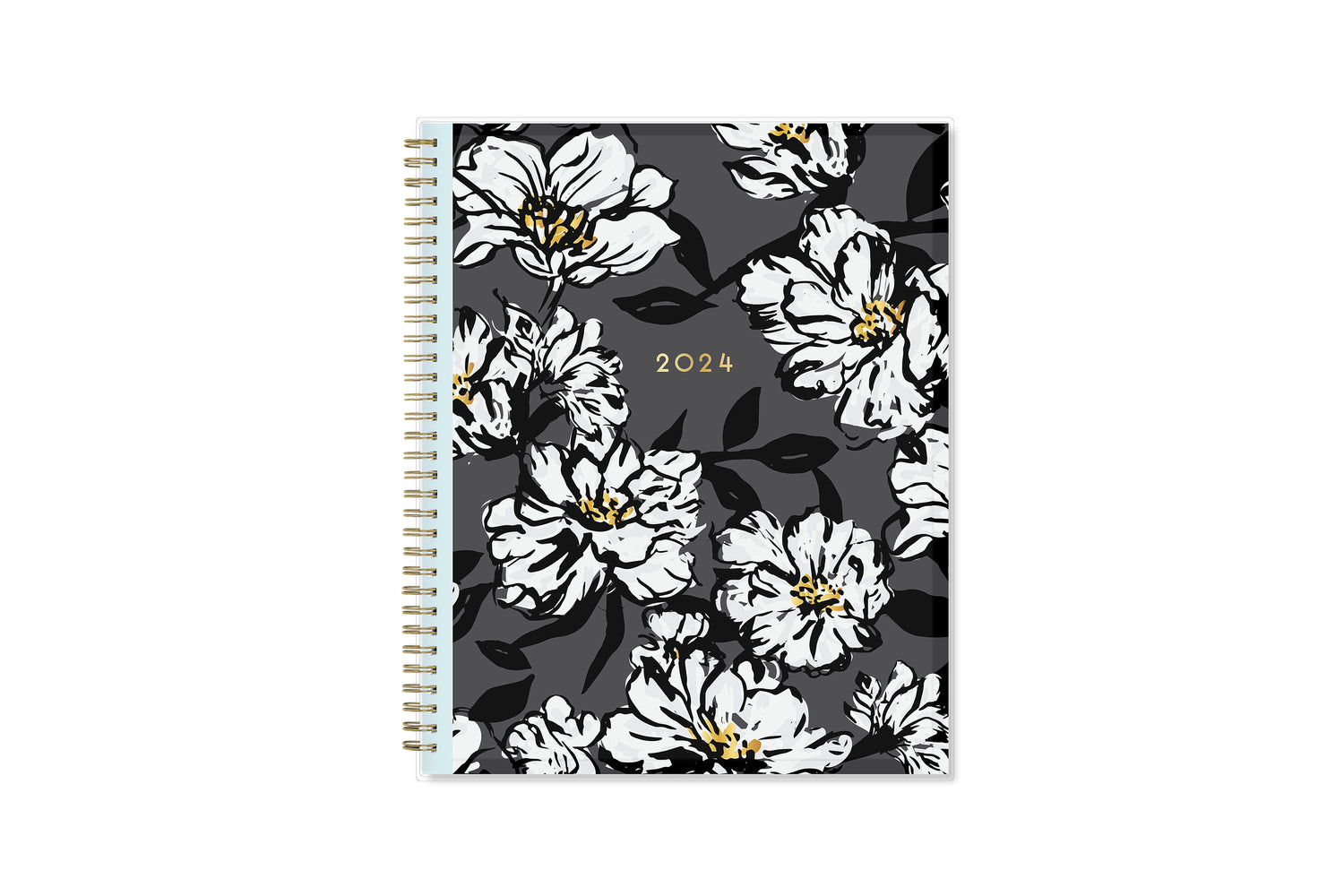 8.5x11 weekly monthly planner for January 2024 - December 2024 new year featuring silver twin wire-o binding, black/gray background, white florals and gold accents