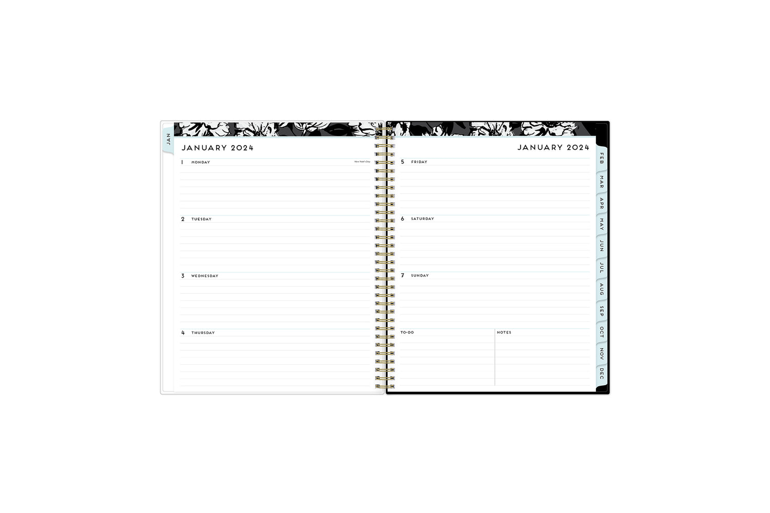 weekly view on this 2024 monthly weekly planner featuring ample lined writing space, weekly to do section, notes section, and blue monthly tabs