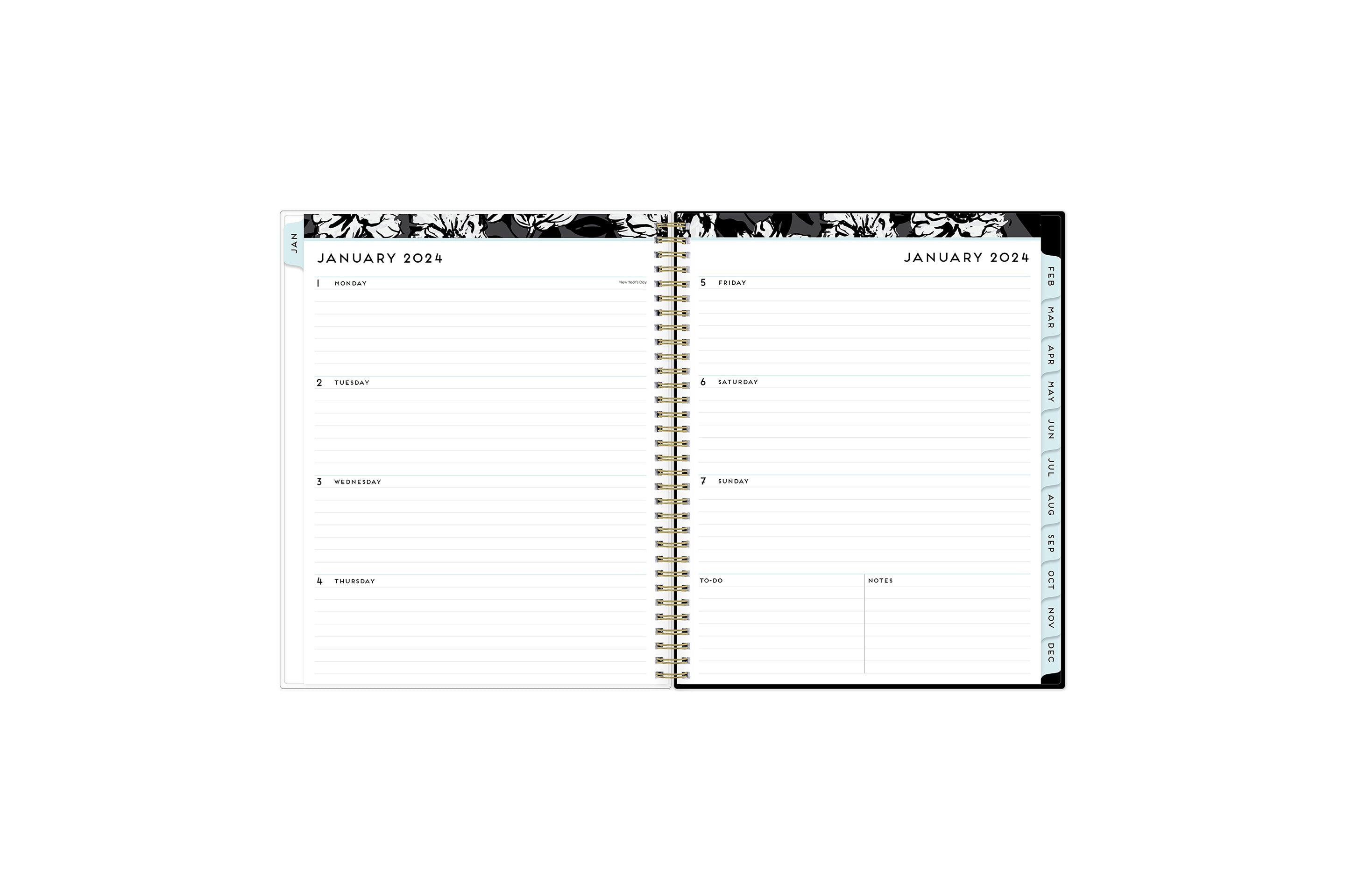weekly view on this 2024 monthly weekly planner featuring ample lined writing space, weekly to do section, notes section, and blue monthly tabs